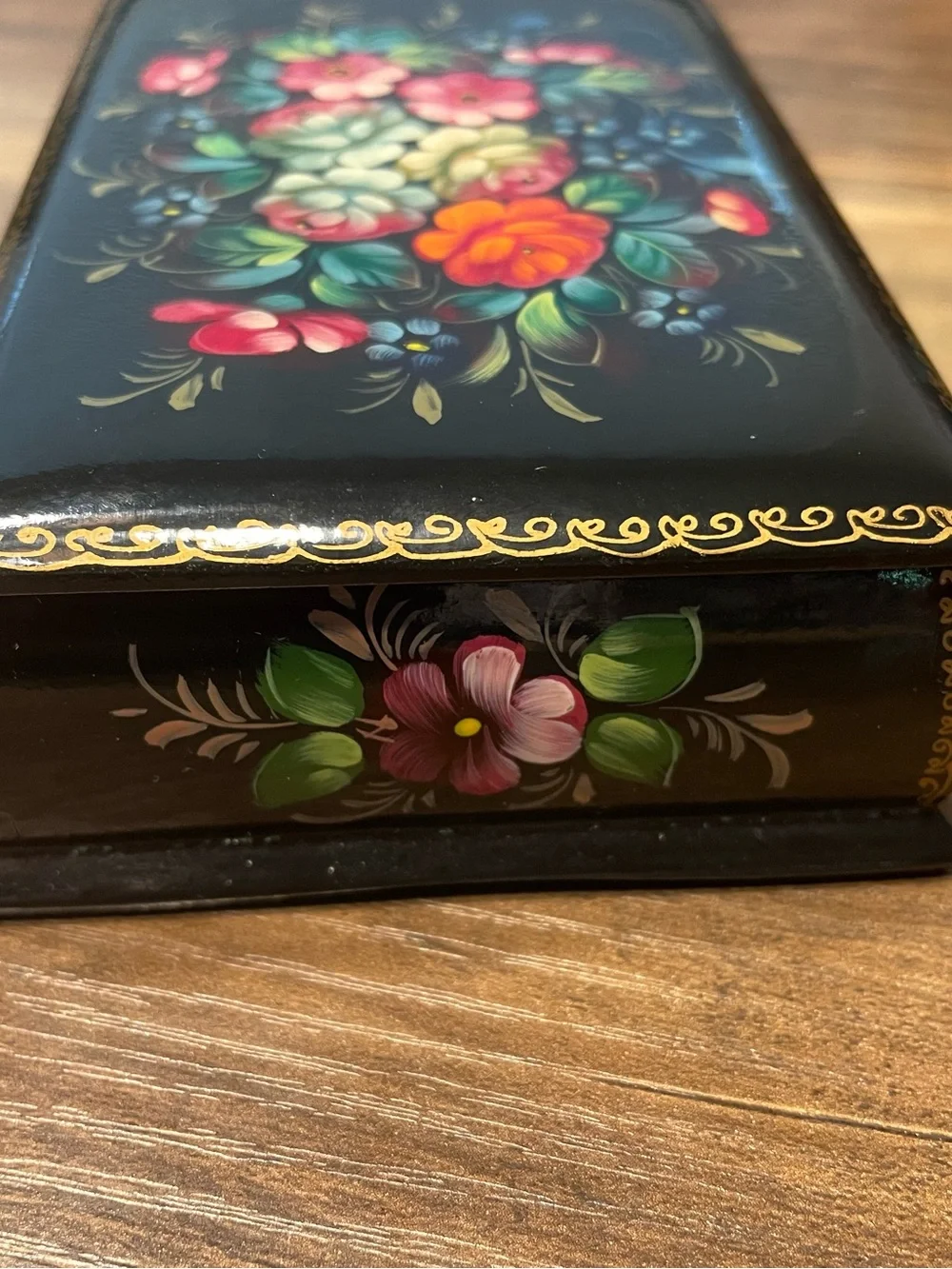 Hand-Painted Floral Lacquer Box - Colorful Bouquet on Black